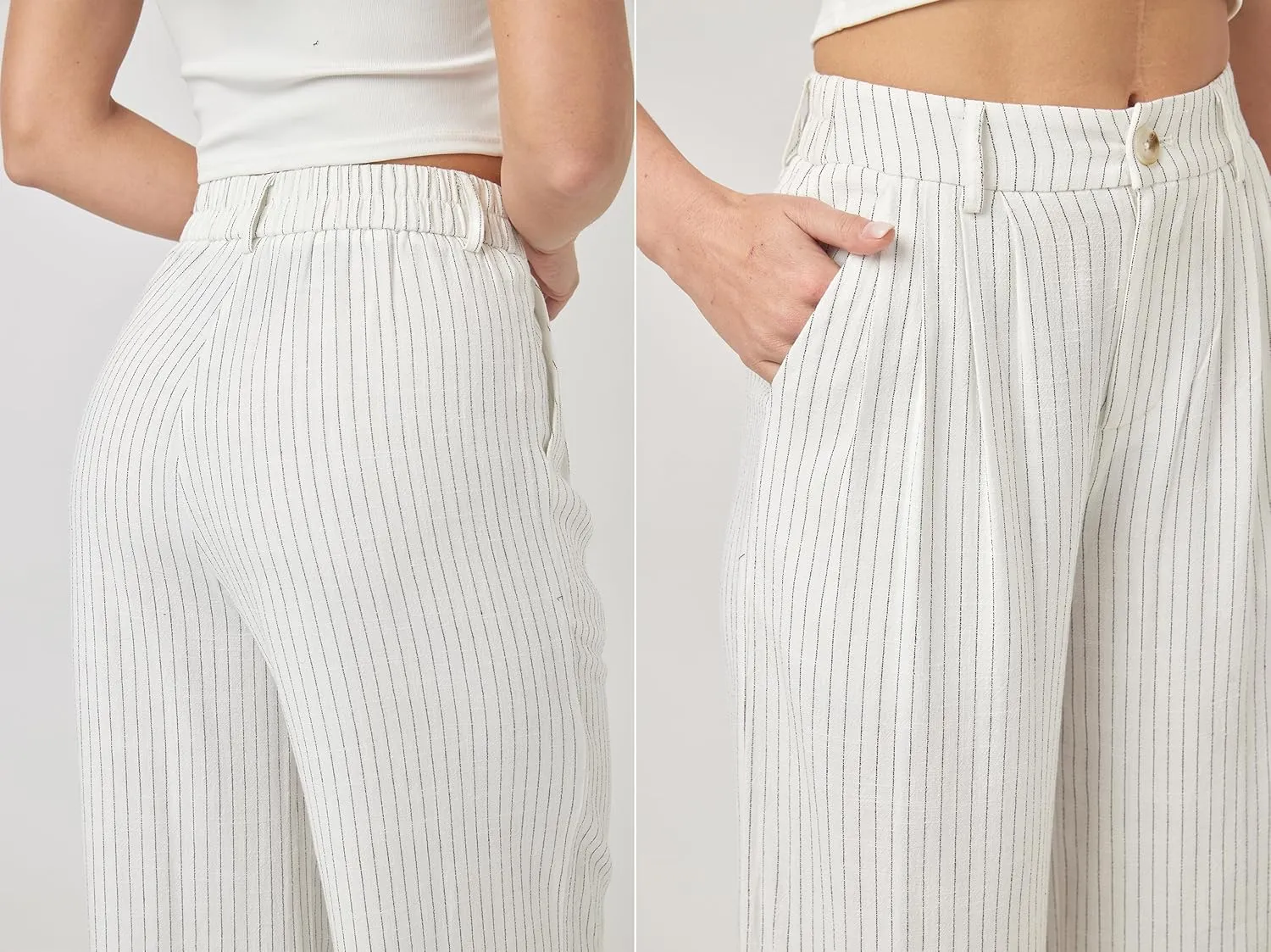 heipeiwa Women's Linen Pants Striped Culottes Summer Wide Leg Trouser Dress Casual Capris