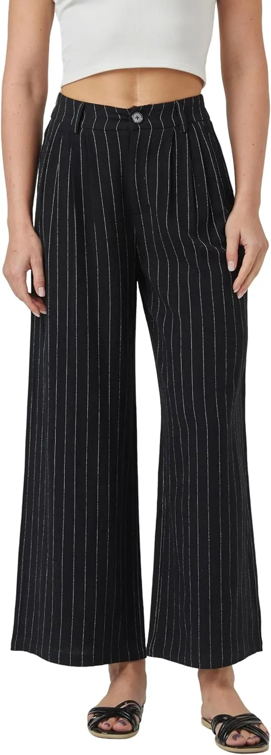 heipeiwa Women's Linen Pants Striped Culottes Summer Wide Leg Trouser Dress Casual Capris
