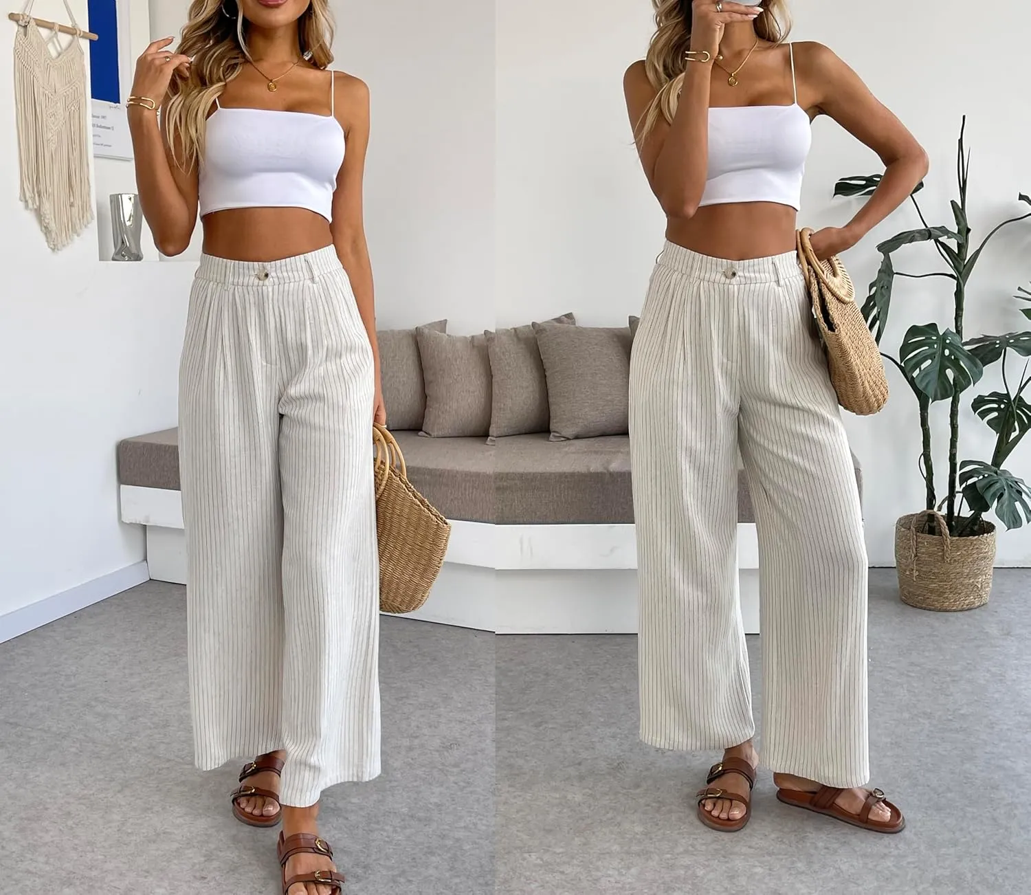 heipeiwa Women's Linen Pants Striped Culottes Summer Wide Leg Trouser Dress Casual Capris