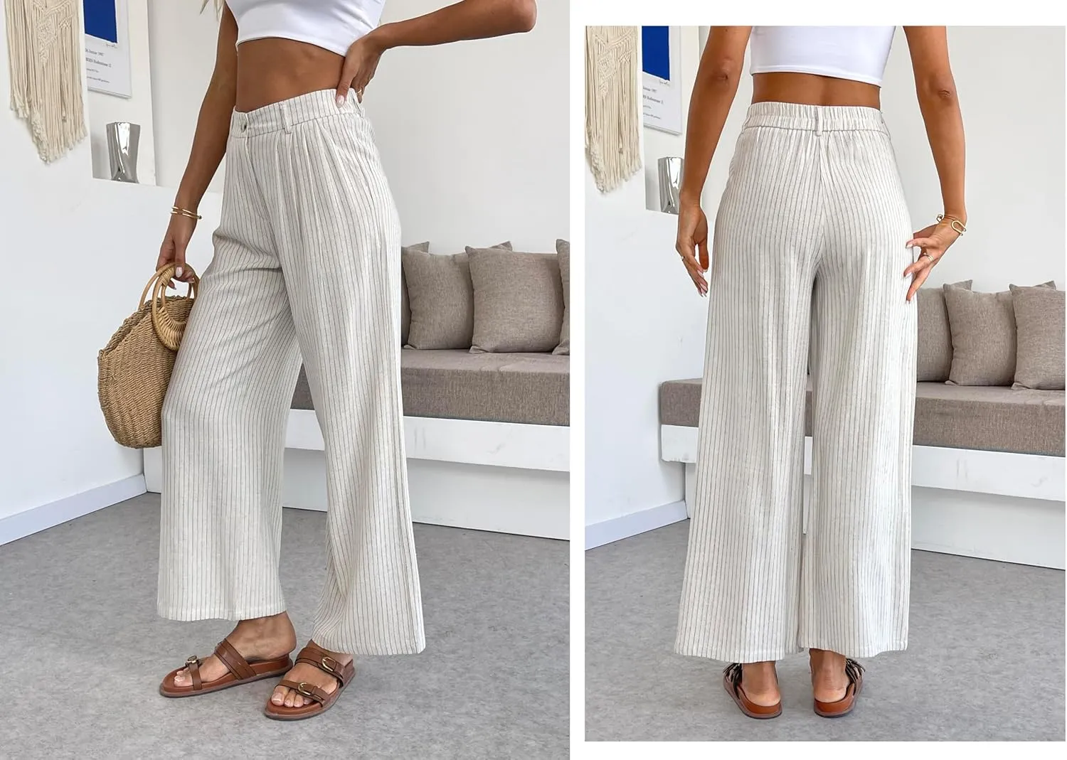heipeiwa Women's Linen Pants Striped Culottes Summer Wide Leg Trouser Dress Casual Capris