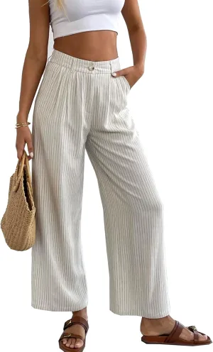 heipeiwa Women's Linen Pants Striped Culottes Summer Wide Leg Trouser Dress Casual Capris