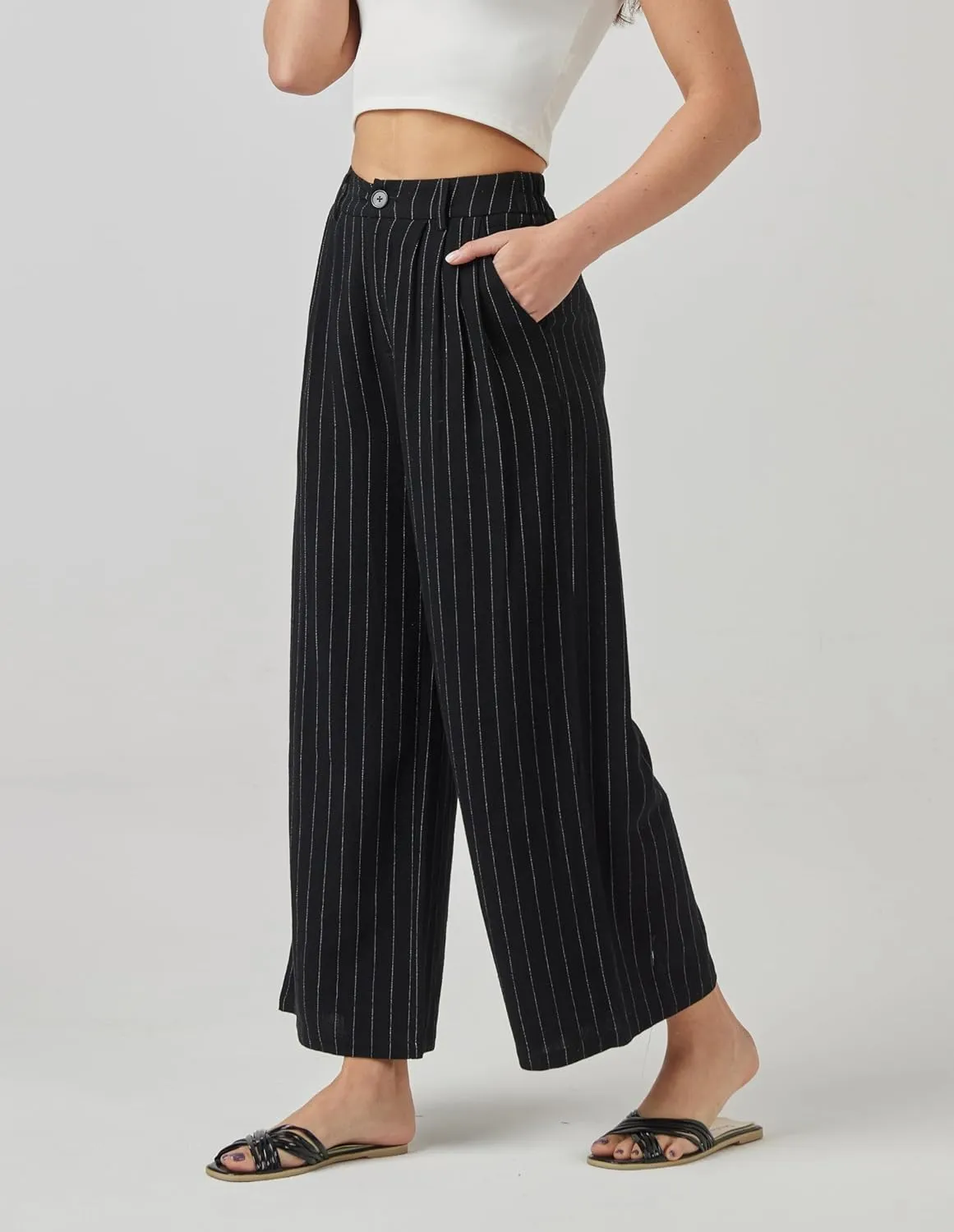 heipeiwa Women's Linen Pants Striped Culottes Summer Wide Leg Trouser Dress Casual Capris