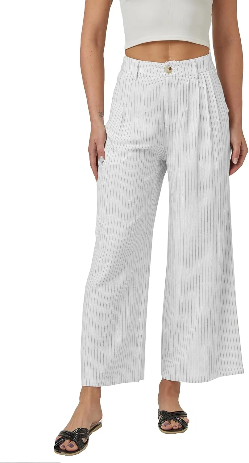heipeiwa Women's Linen Pants Striped Culottes Summer Wide Leg Trouser Dress Casual Capris
