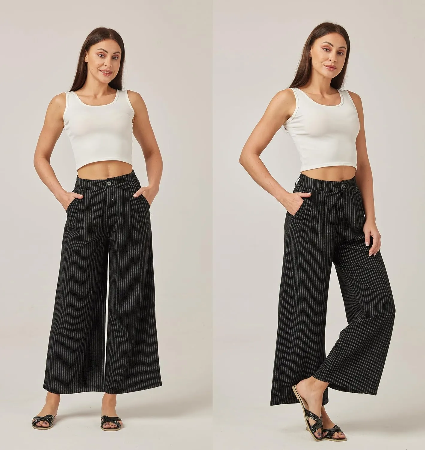 heipeiwa Women's Linen Pants Striped Culottes Summer Wide Leg Trouser Dress Casual Capris