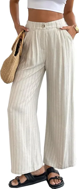 heipeiwa Women's Linen Pants Striped Culottes Summer Wide Leg Trouser Dress Casual Capris