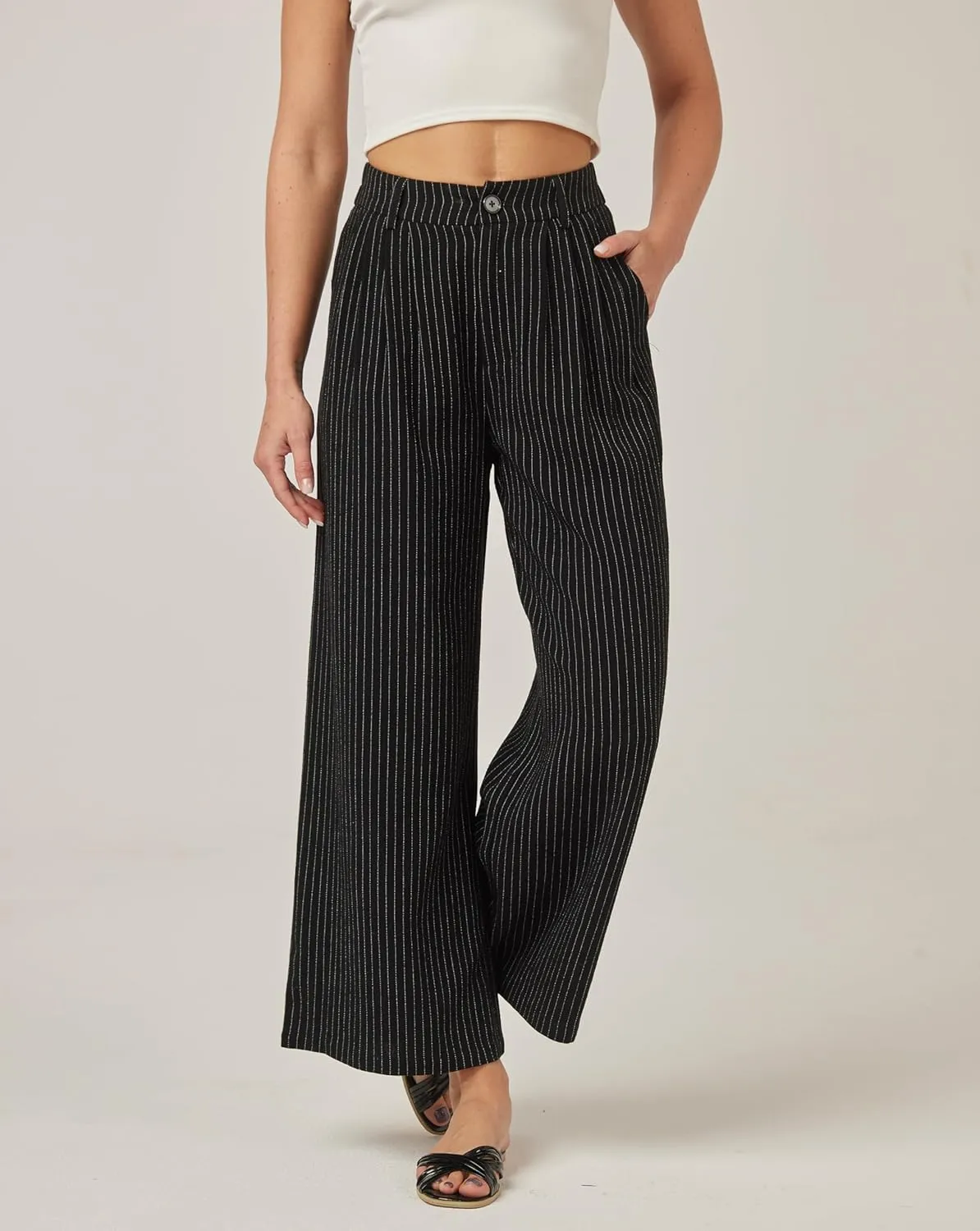 heipeiwa Women's Linen Pants Striped Culottes Summer Wide Leg Trouser Dress Casual Capris