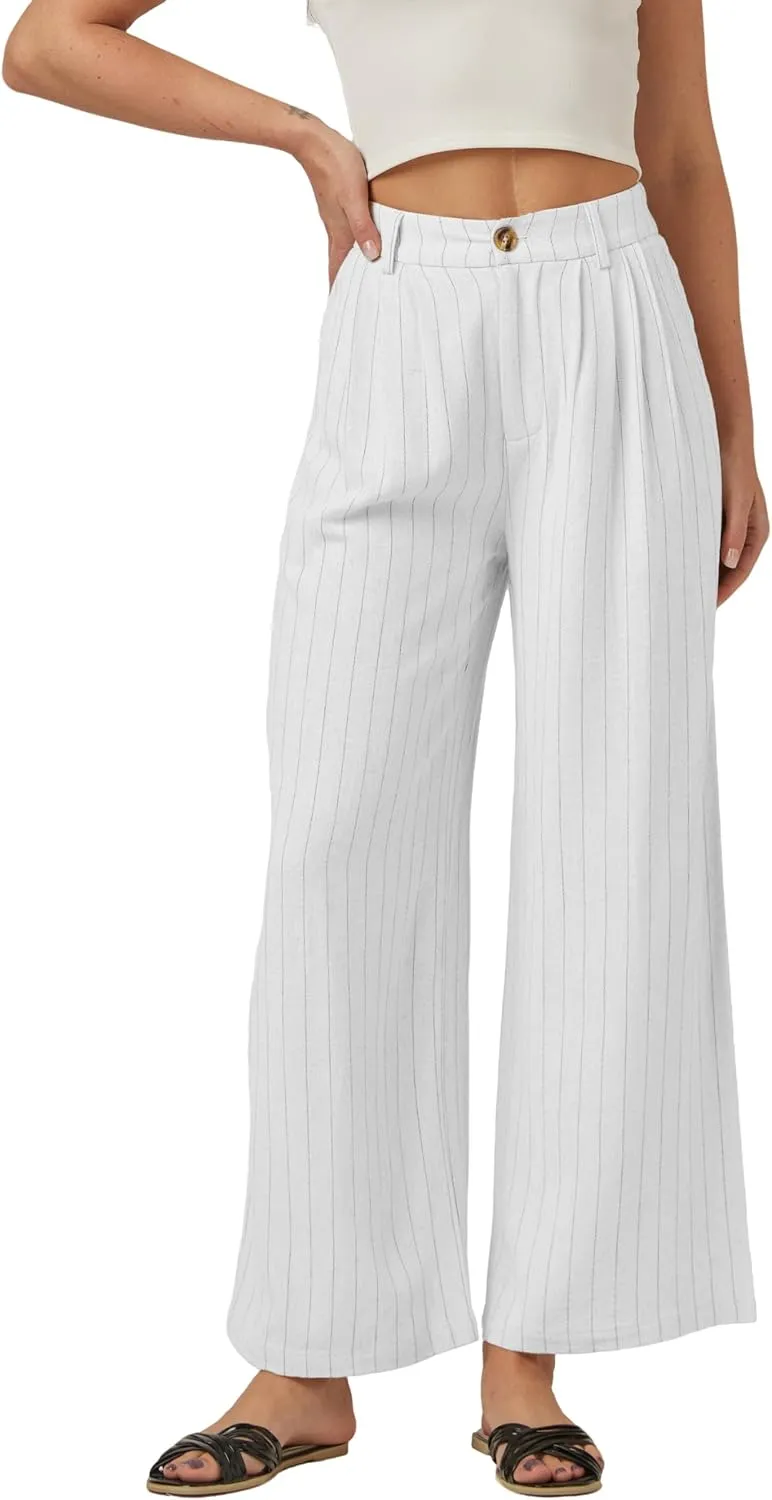 heipeiwa Women's Linen Pants Striped Culottes Summer Wide Leg Trouser Dress Casual Capris