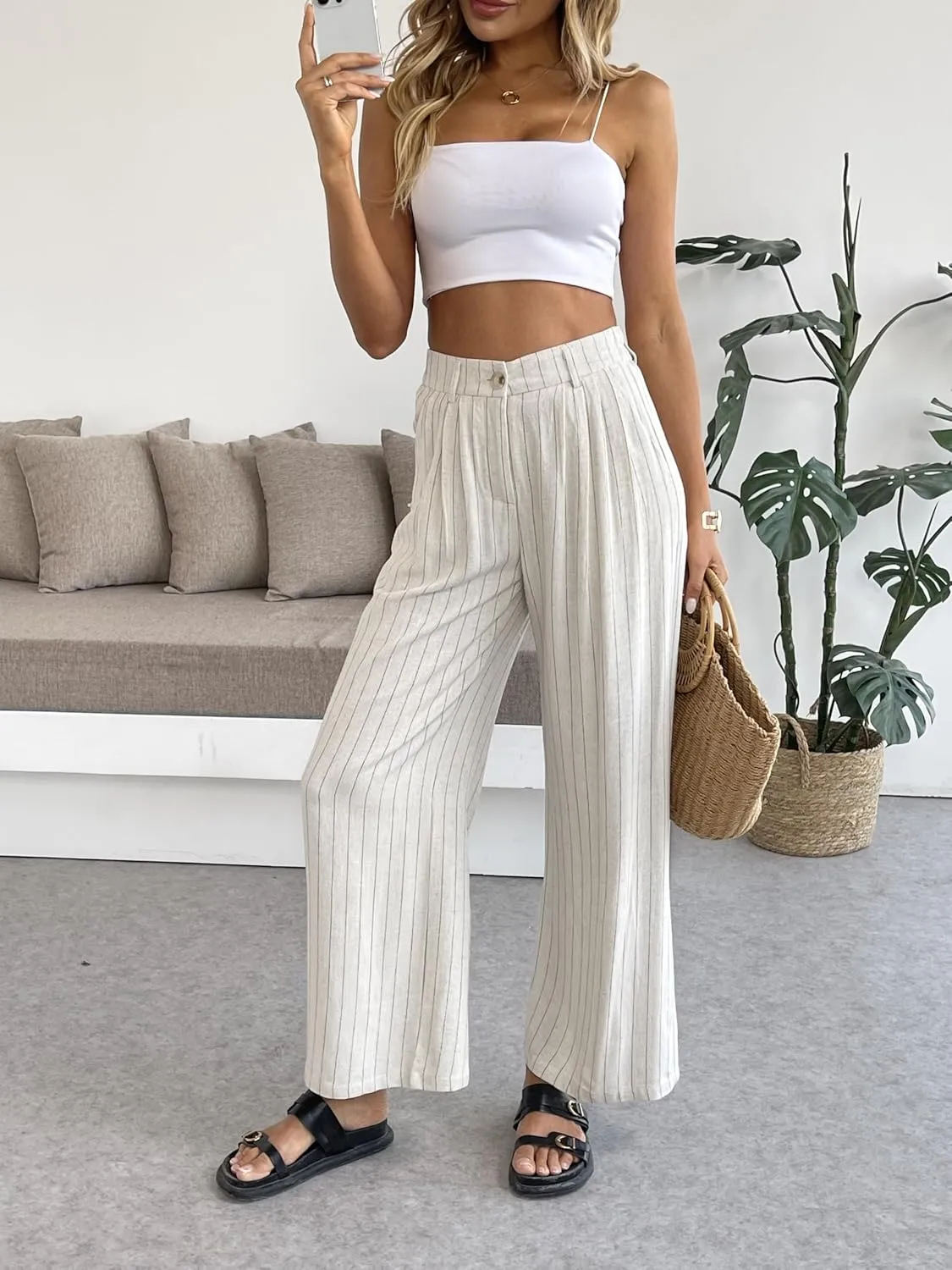heipeiwa Women's Linen Pants Striped Culottes Summer Wide Leg Trouser Dress Casual Capris