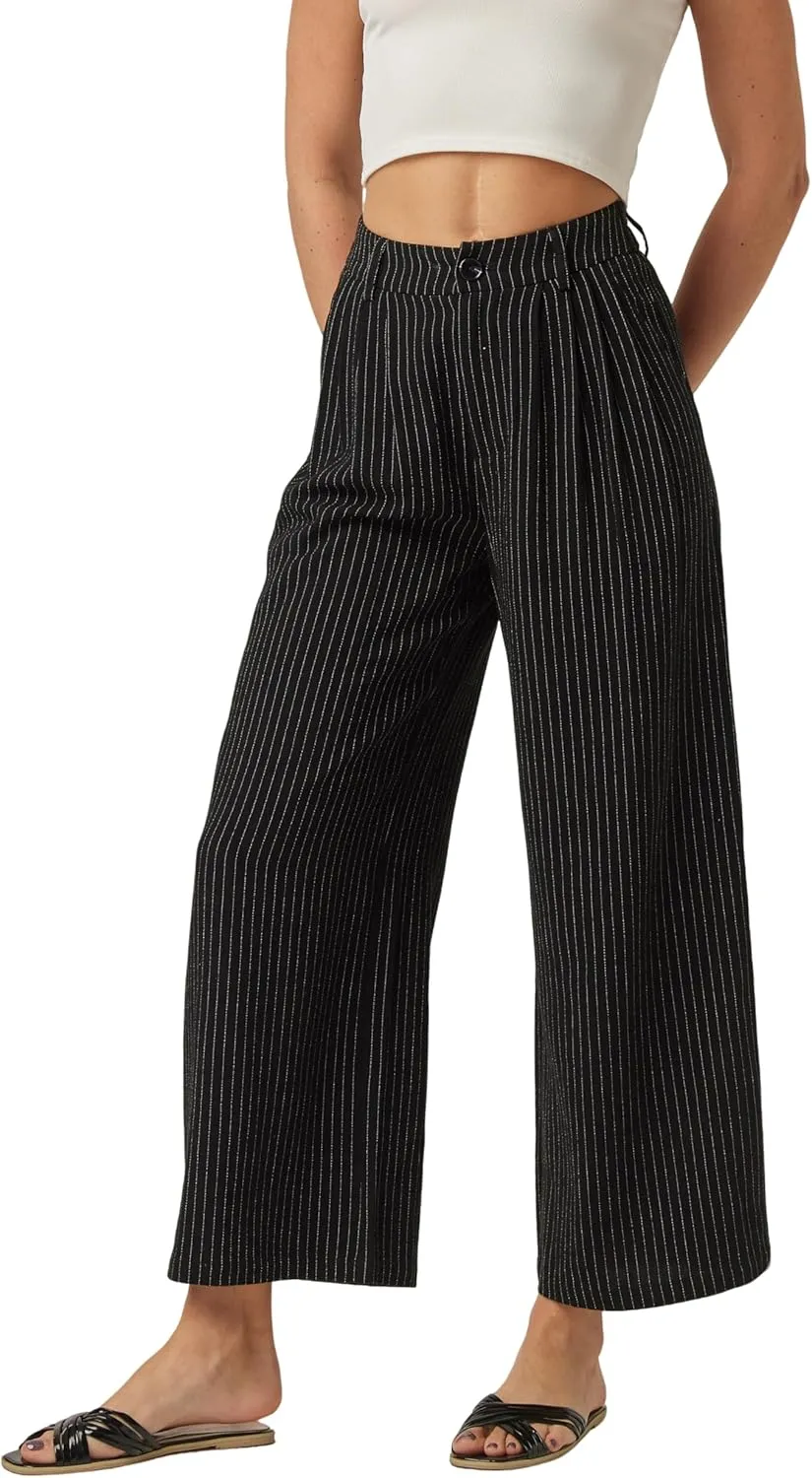 heipeiwa Women's Linen Pants Striped Culottes Summer Wide Leg Trouser Dress Casual Capris