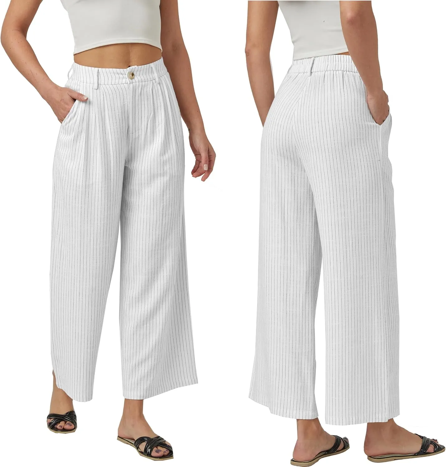 heipeiwa Women's Linen Pants Striped Culottes Summer Wide Leg Trouser Dress Casual Capris