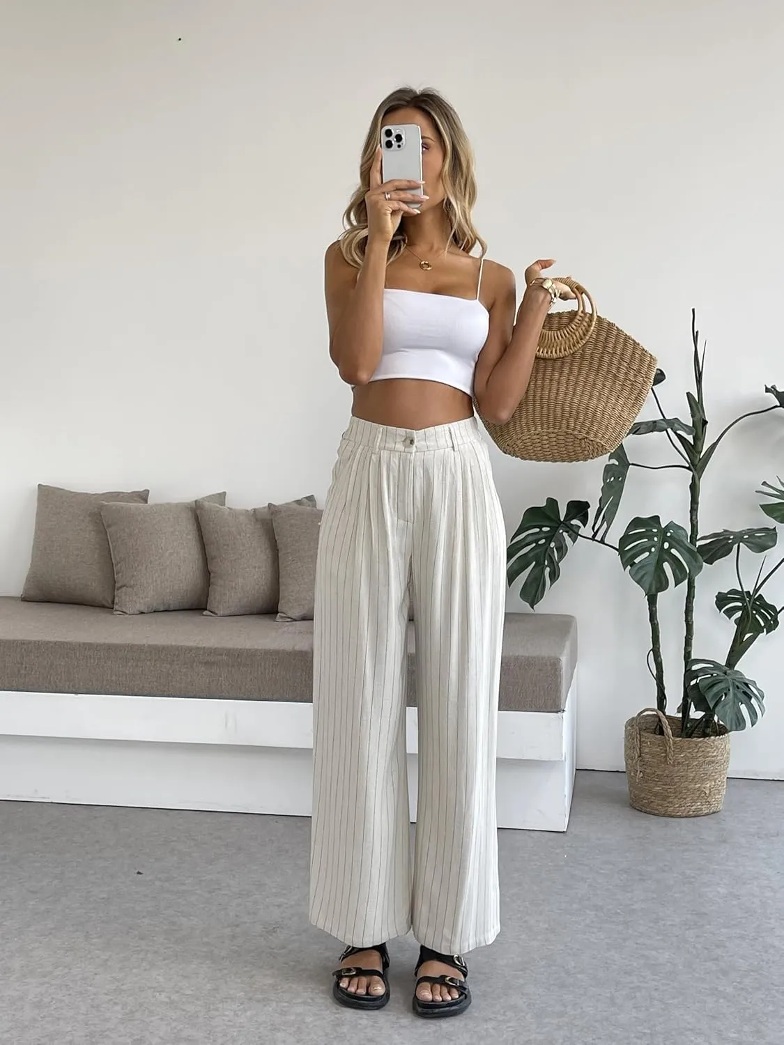 heipeiwa Women's Linen Pants Striped Culottes Summer Wide Leg Trouser Dress Casual Capris