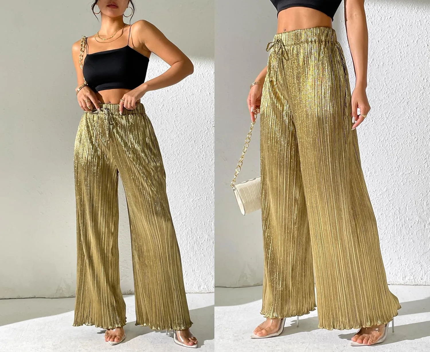 heipeiwa Women's Metallic Wide Leg Palazzo Pants Pleated Party Club Sequin Shiny Flare Pant Trouser