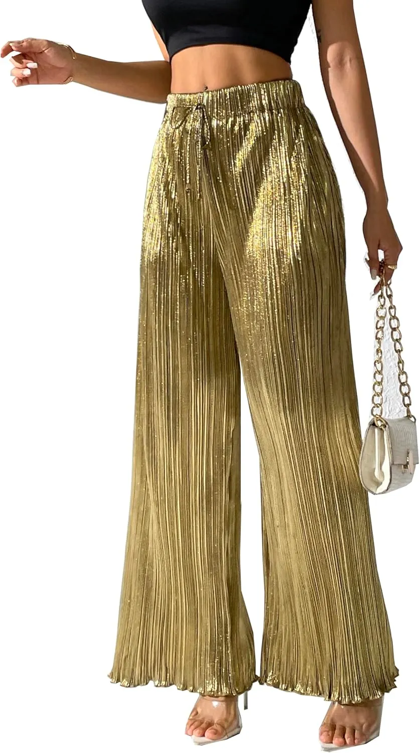 heipeiwa Women's Metallic Wide Leg Palazzo Pants Pleated Party Club Sequin Shiny Flare Pant Trouser