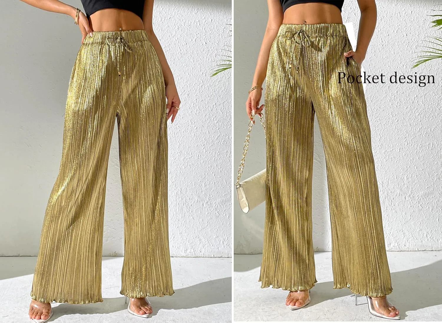 heipeiwa Women's Metallic Wide Leg Palazzo Pants Pleated Party Club Sequin Shiny Flare Pant Trouser