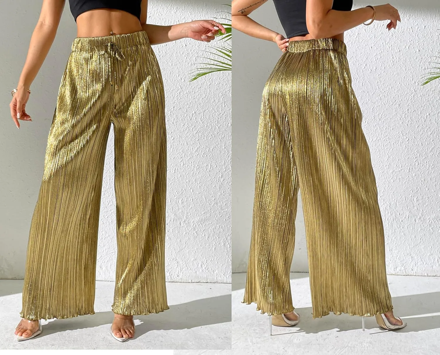 heipeiwa Women's Metallic Wide Leg Palazzo Pants Pleated Party Club Sequin Shiny Flare Pant Trouser