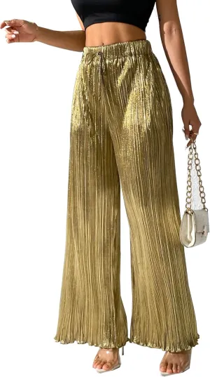 heipeiwa Women's Metallic Wide Leg Palazzo Pants Pleated Party Club Sequin Shiny Flare Pant Trouser