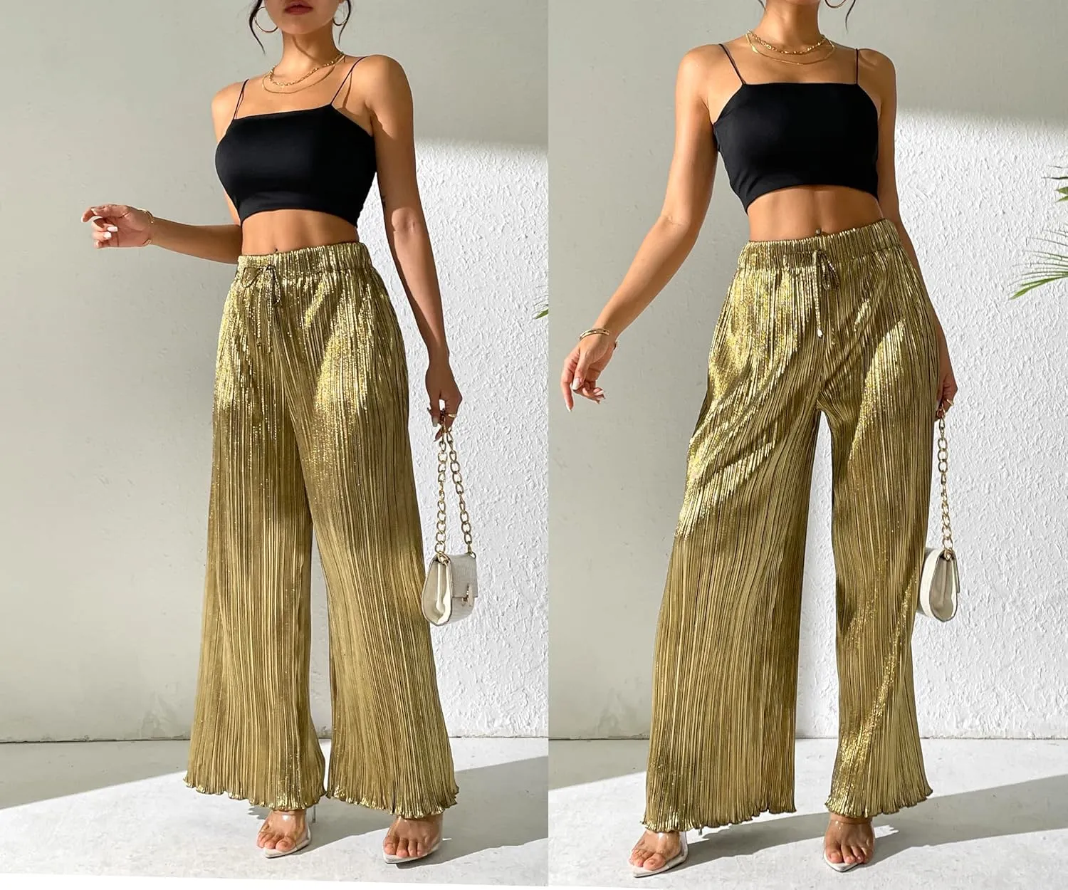 heipeiwa Women's Metallic Wide Leg Palazzo Pants Pleated Party Club Sequin Shiny Flare Pant Trouser