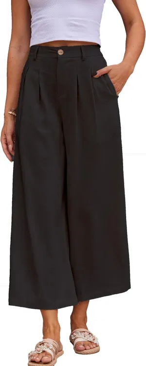 heipeiwa Women's Summer Capris Cotton Linen Pants Wide Leg Palazzo Culottes Pants Linen Casual Dress Flowy Pant