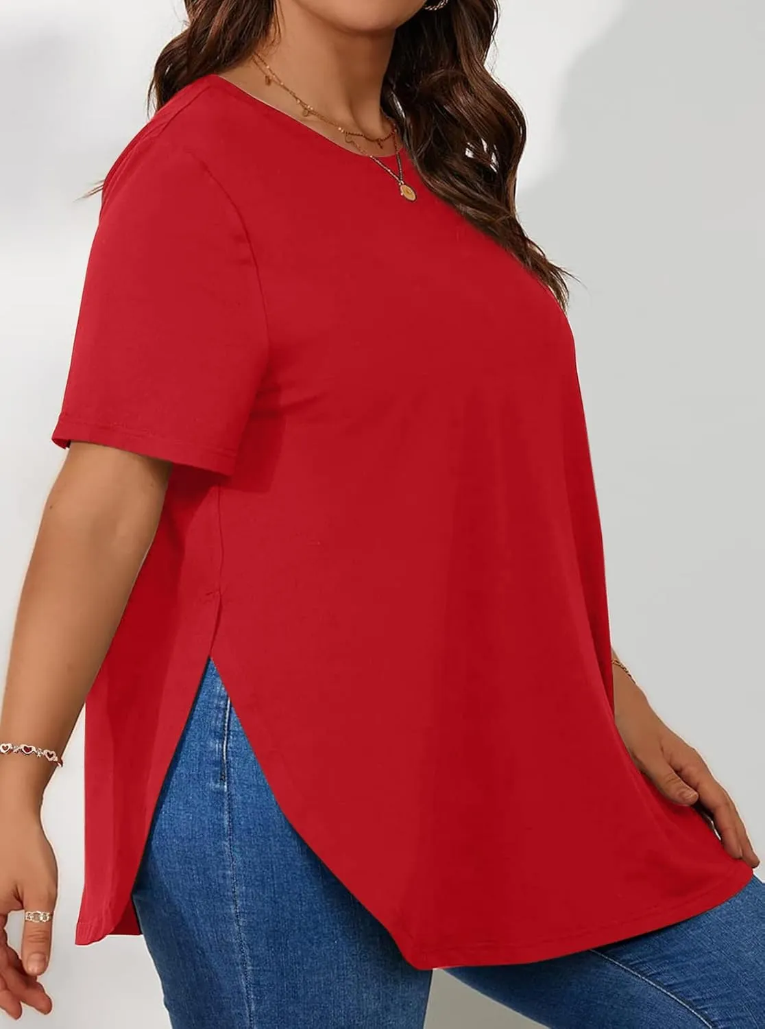 Hilinker Women's Plus Size Short Sleeve Tunic Tops Loose Fit Dressy Side Slit Tees Asymmetrical Hem T Shirts