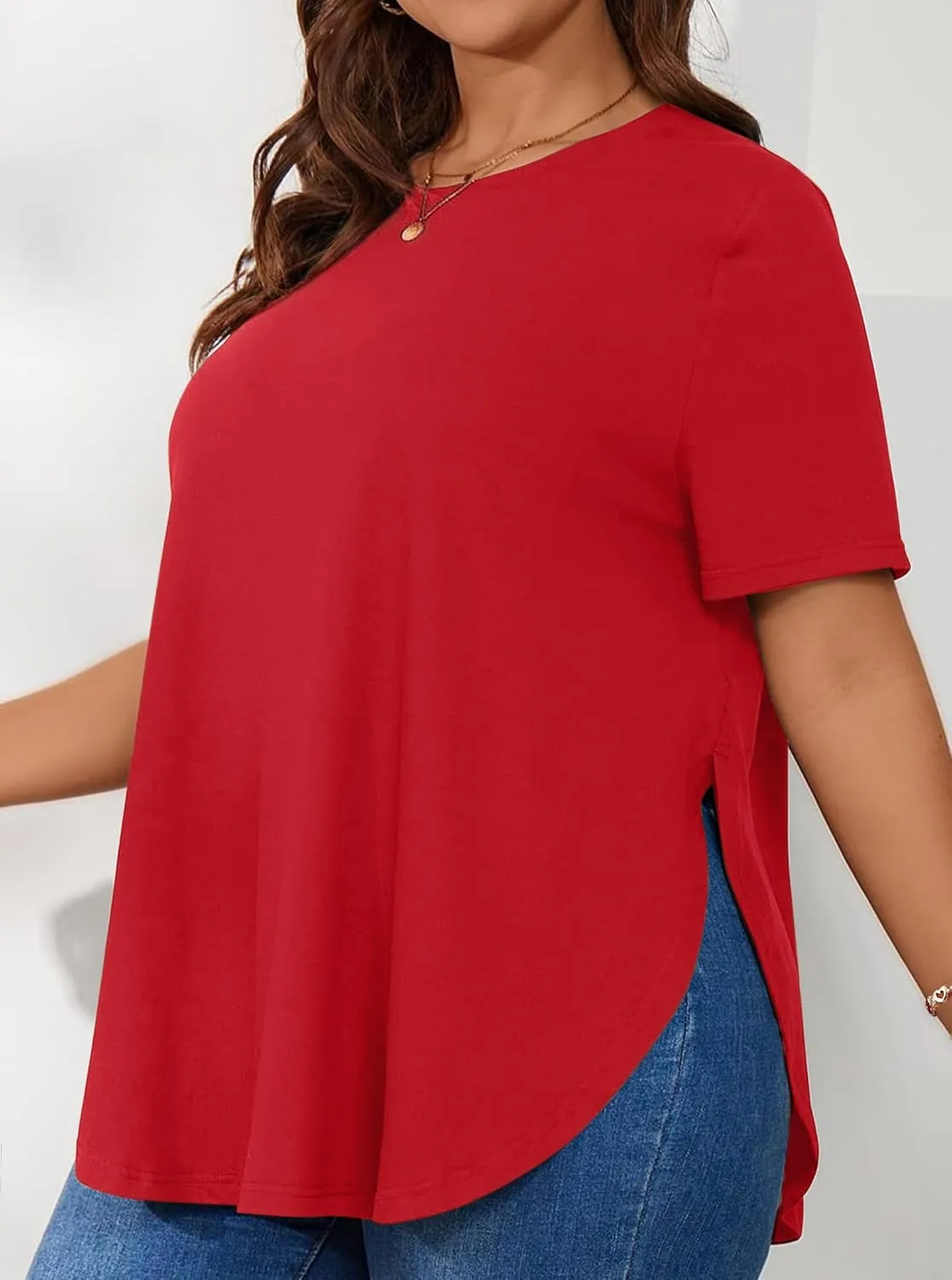 Hilinker Women's Plus Size Short Sleeve Tunic Tops Loose Fit Dressy Side Slit Tees Asymmetrical Hem T Shirts