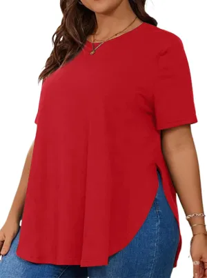 Hilinker Women's Plus Size Short Sleeve Tunic Tops Loose Fit Dressy Side Slit Tees Asymmetrical Hem T Shirts