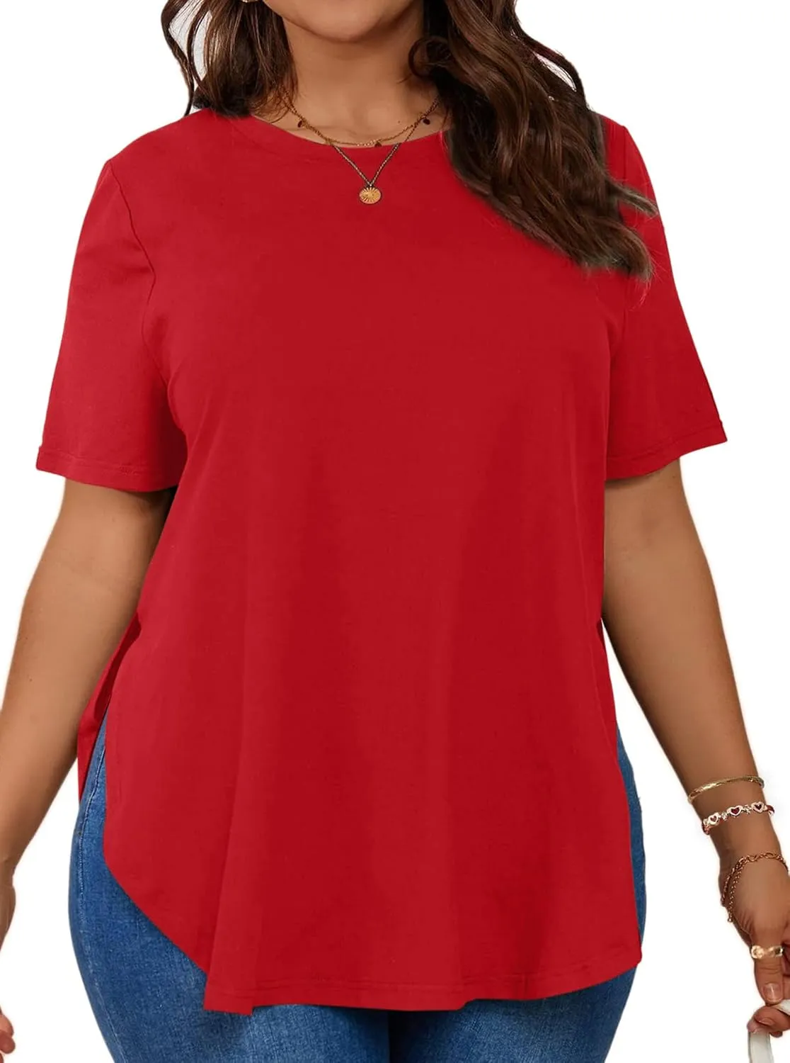 Hilinker Women's Plus Size Short Sleeve Tunic Tops Loose Fit Dressy Side Slit Tees Asymmetrical Hem T Shirts
