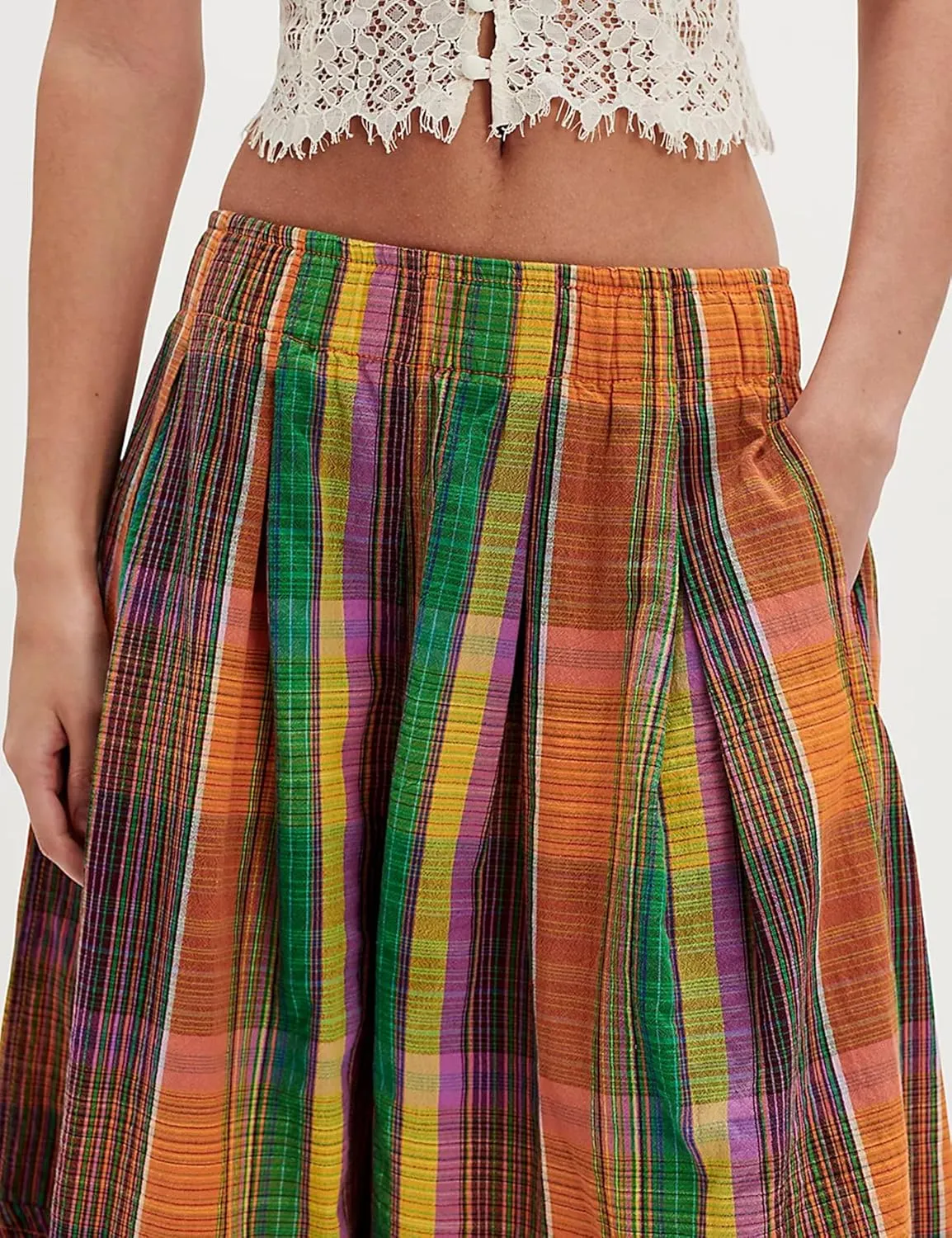 Himosyber Women's Summer Culottes Boho Wide Leg Pants Elastic Waist Casual Palazzo Trousers Plaid Capris with Pockets