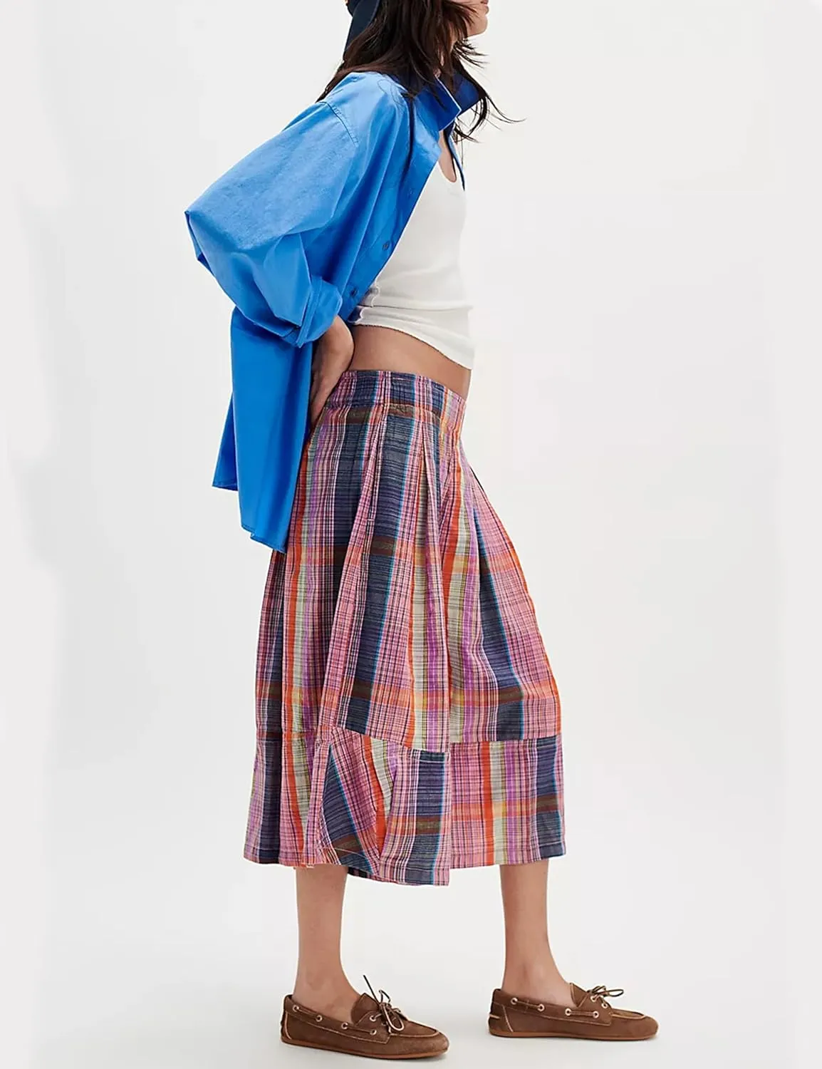 Himosyber Women's Summer Culottes Boho Wide Leg Pants Elastic Waist Casual Palazzo Trousers Plaid Capris with Pockets