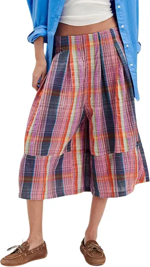 Himosyber Women's Summer Culottes Boho Wide Leg Pants Elastic Waist Casual Palazzo Trousers Plaid Capris with Pockets