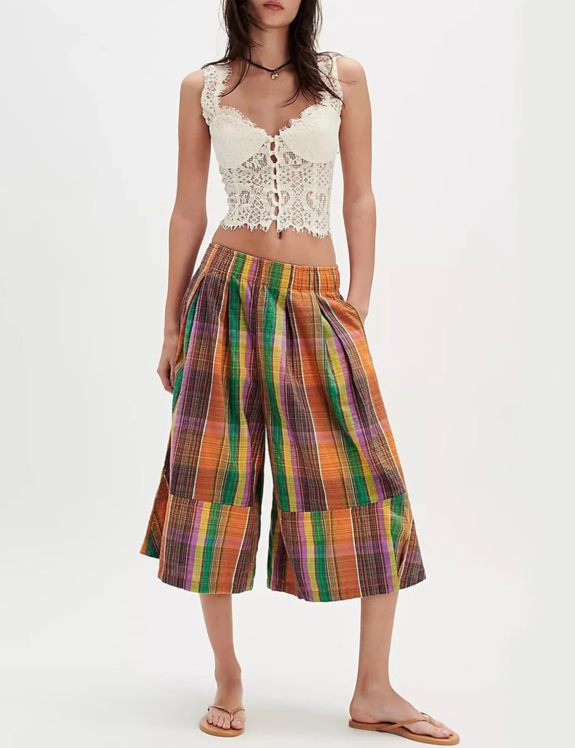 Himosyber Women's Summer Culottes Boho Wide Leg Pants Elastic Waist Casual Palazzo Trousers Plaid Capris with Pockets
