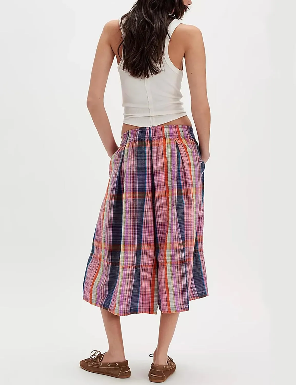 Himosyber Women's Summer Culottes Boho Wide Leg Pants Elastic Waist Casual Palazzo Trousers Plaid Capris with Pockets
