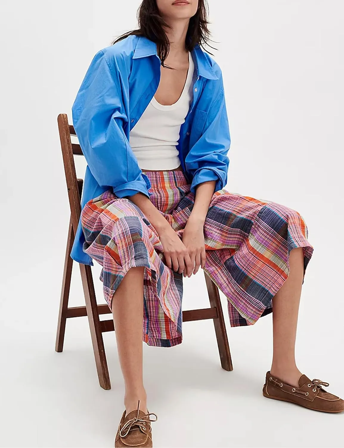 Himosyber Women's Summer Culottes Boho Wide Leg Pants Elastic Waist Casual Palazzo Trousers Plaid Capris with Pockets