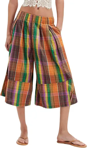 Himosyber Women's Summer Culottes Boho Wide Leg Pants Elastic Waist Casual Palazzo Trousers Plaid Capris with Pockets