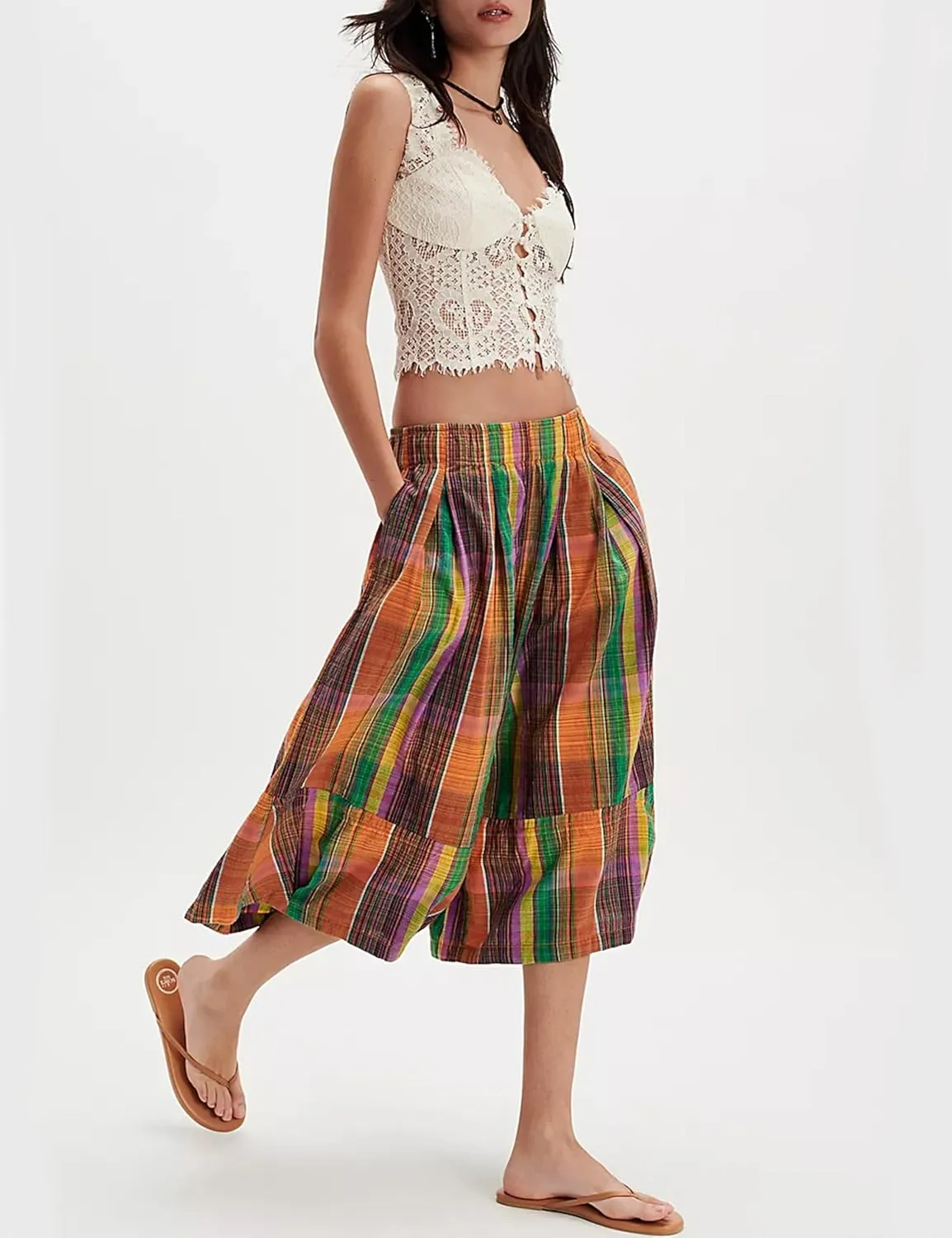 Himosyber Women's Summer Culottes Boho Wide Leg Pants Elastic Waist Casual Palazzo Trousers Plaid Capris with Pockets