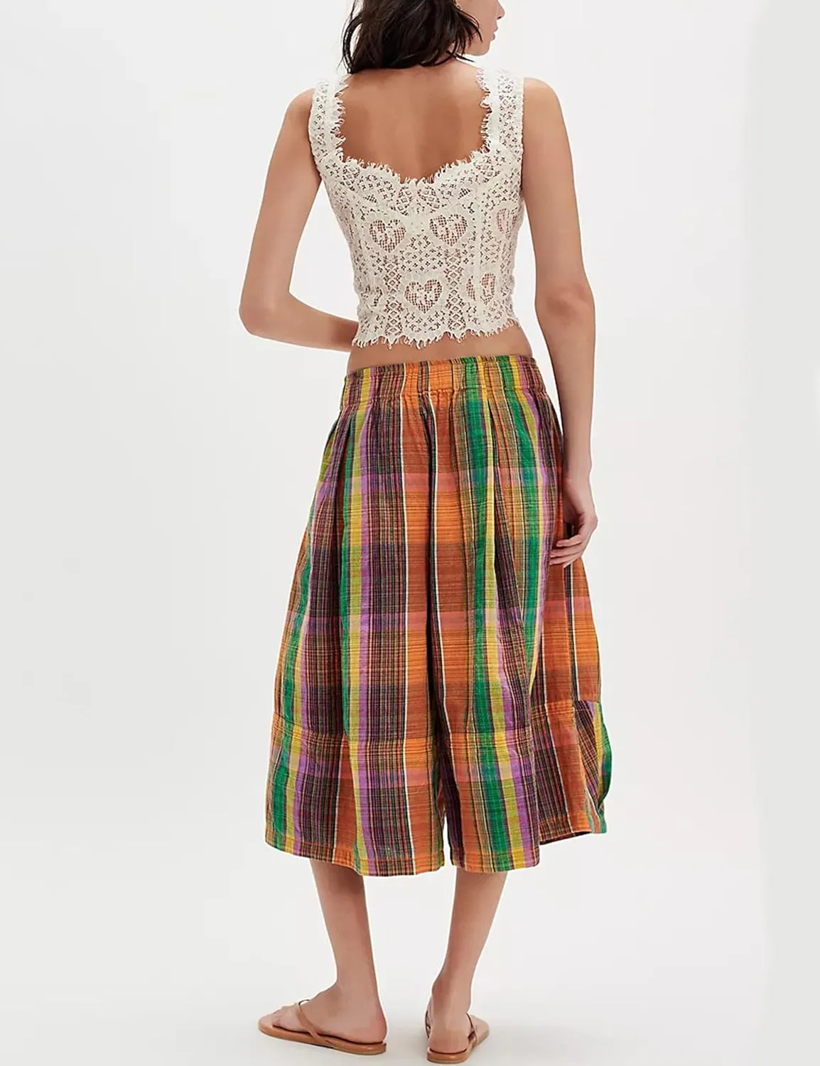 Himosyber Women's Summer Culottes Boho Wide Leg Pants Elastic Waist Casual Palazzo Trousers Plaid Capris with Pockets