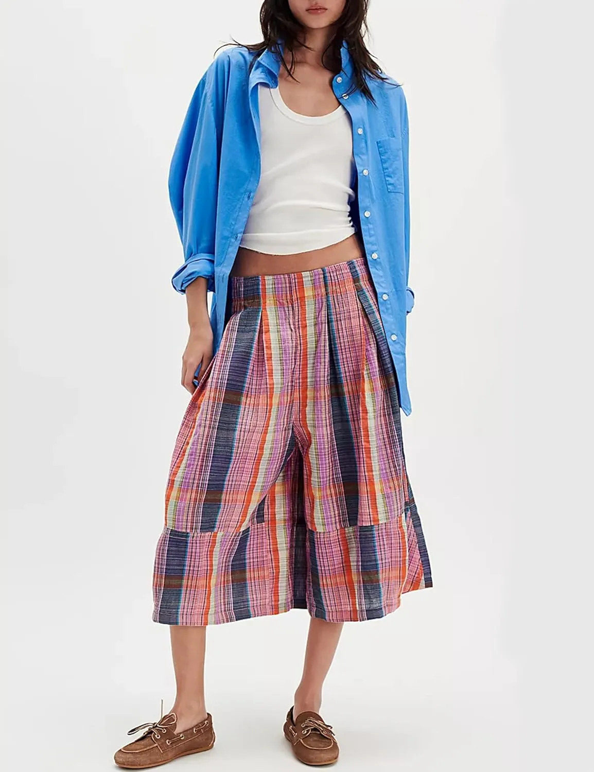 Himosyber Women's Summer Culottes Boho Wide Leg Pants Elastic Waist Casual Palazzo Trousers Plaid Capris with Pockets