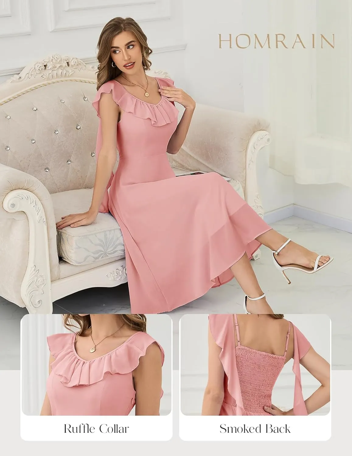 HomRain Women's Formal Prom Dresses for Women 2025, Evening Graduation Chiffon Cocktail Ruffle Wedding Guest Dress