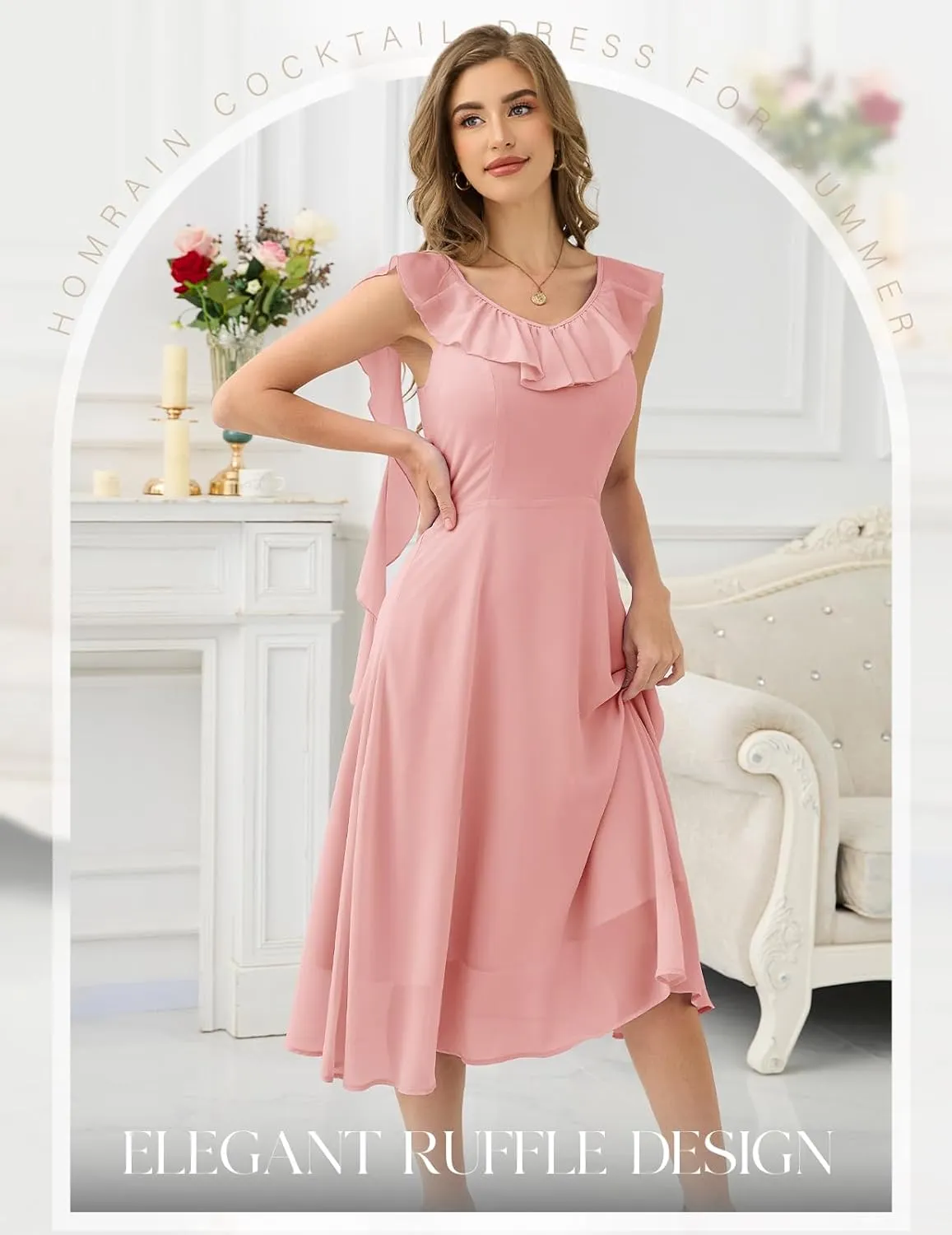 HomRain Women's Formal Prom Dresses for Women 2025, Evening Graduation Chiffon Cocktail Ruffle Wedding Guest Dress