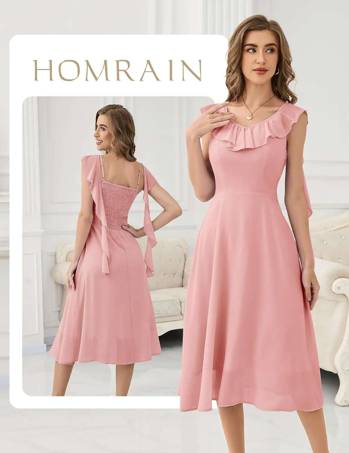 HomRain Women's Formal Prom Dresses for Women 2025, Evening Graduation Chiffon Cocktail Ruffle Wedding Guest Dress