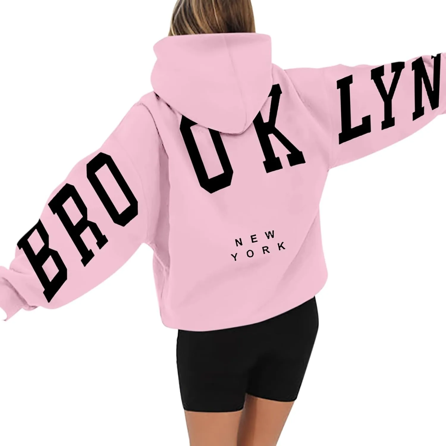 Hoodie Women Long Sleeve Sweatshirts New York U.S.A. Printed Hoodie Pocket Drop Shoulder Pullovers Top