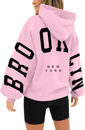 Hoodie Women Long Sleeve Sweatshirts New York U.S.A. Printed Hoodie Pocket Drop Shoulder Pullovers Top