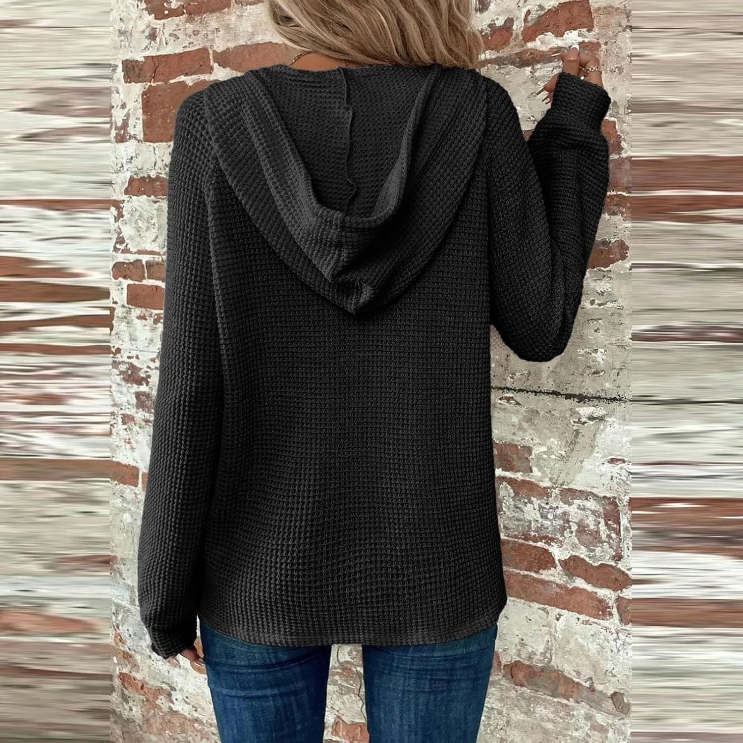 Hoodies for Women Oversized Waffle Knit Button Down Shirt Long Sleeve V Neck Lightweight Tunic Pullover Sweaters Tops