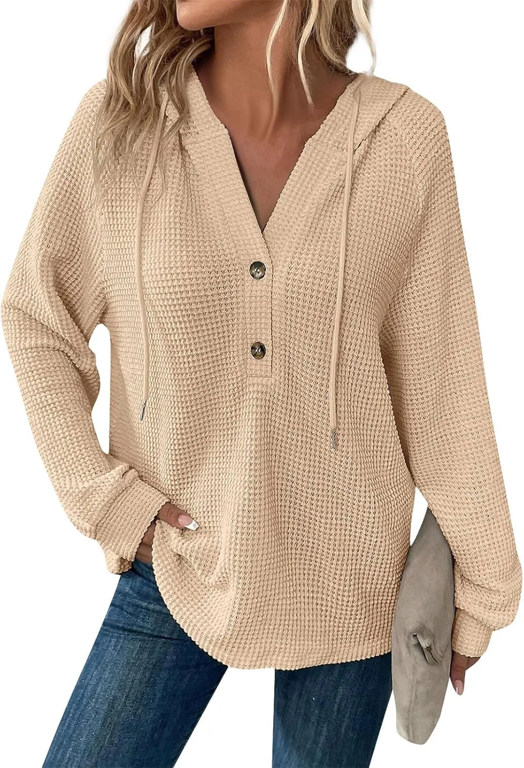 Hoodies for Women Oversized Waffle Knit Button Down Shirt Long Sleeve V Neck Lightweight Tunic Pullover Sweaters Tops