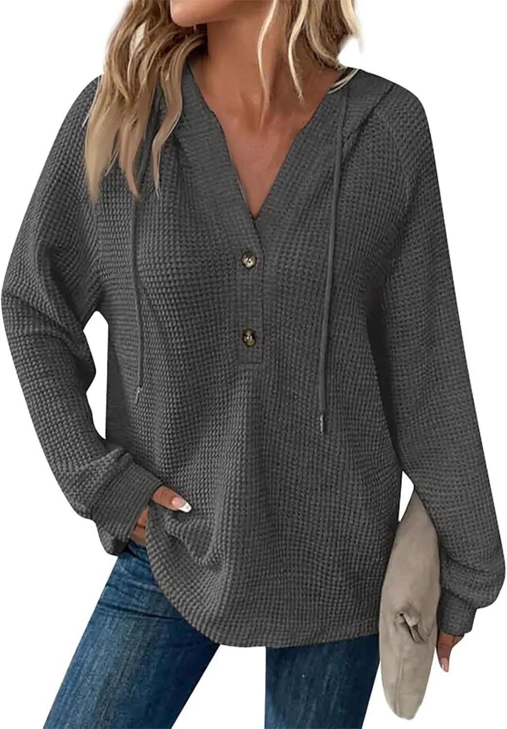 Hoodies for Women Oversized Waffle Knit Button Down Shirt Long Sleeve V Neck Lightweight Tunic Pullover Sweaters Tops