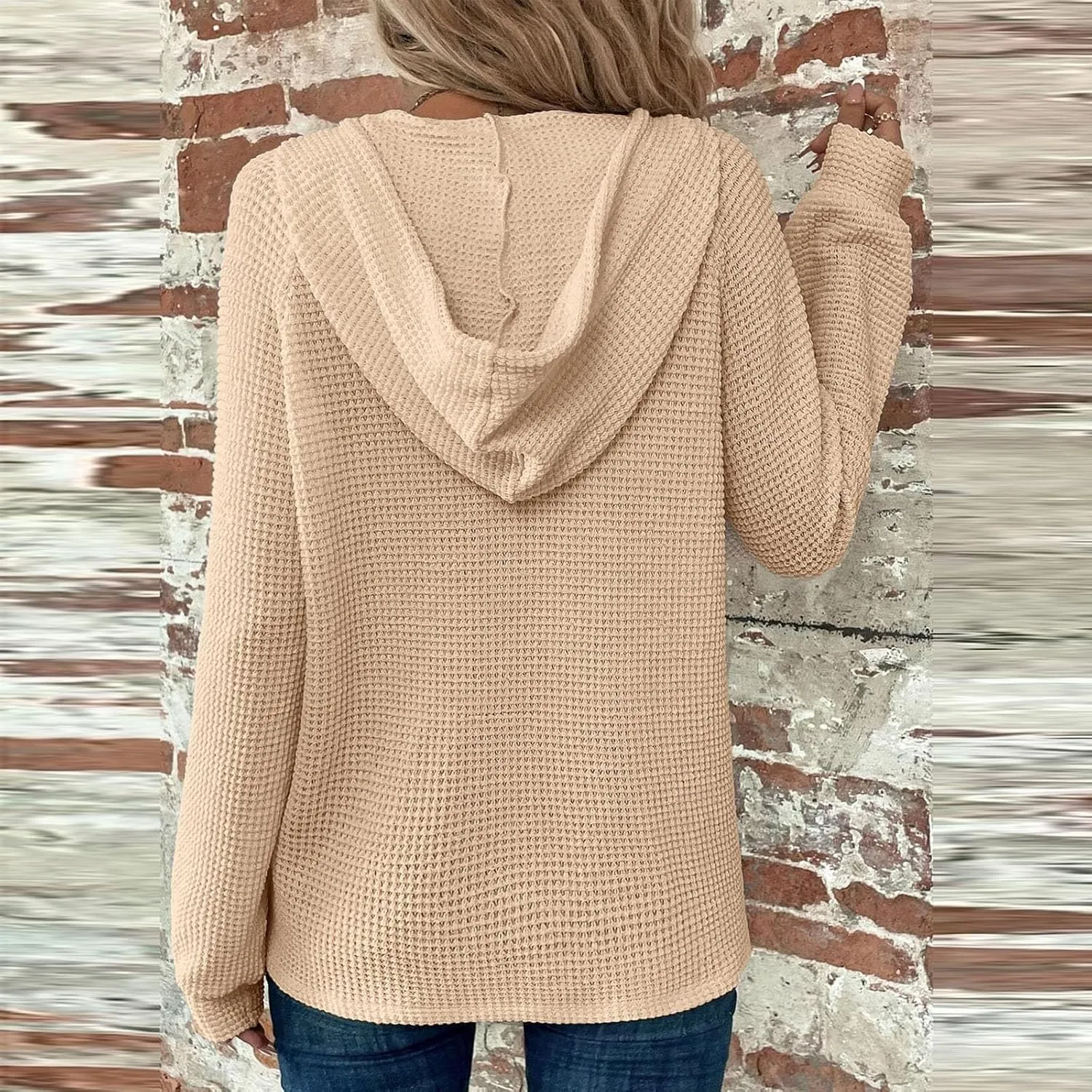 Hoodies for Women Oversized Waffle Knit Button Down Shirt Long Sleeve V Neck Lightweight Tunic Pullover Sweaters Tops