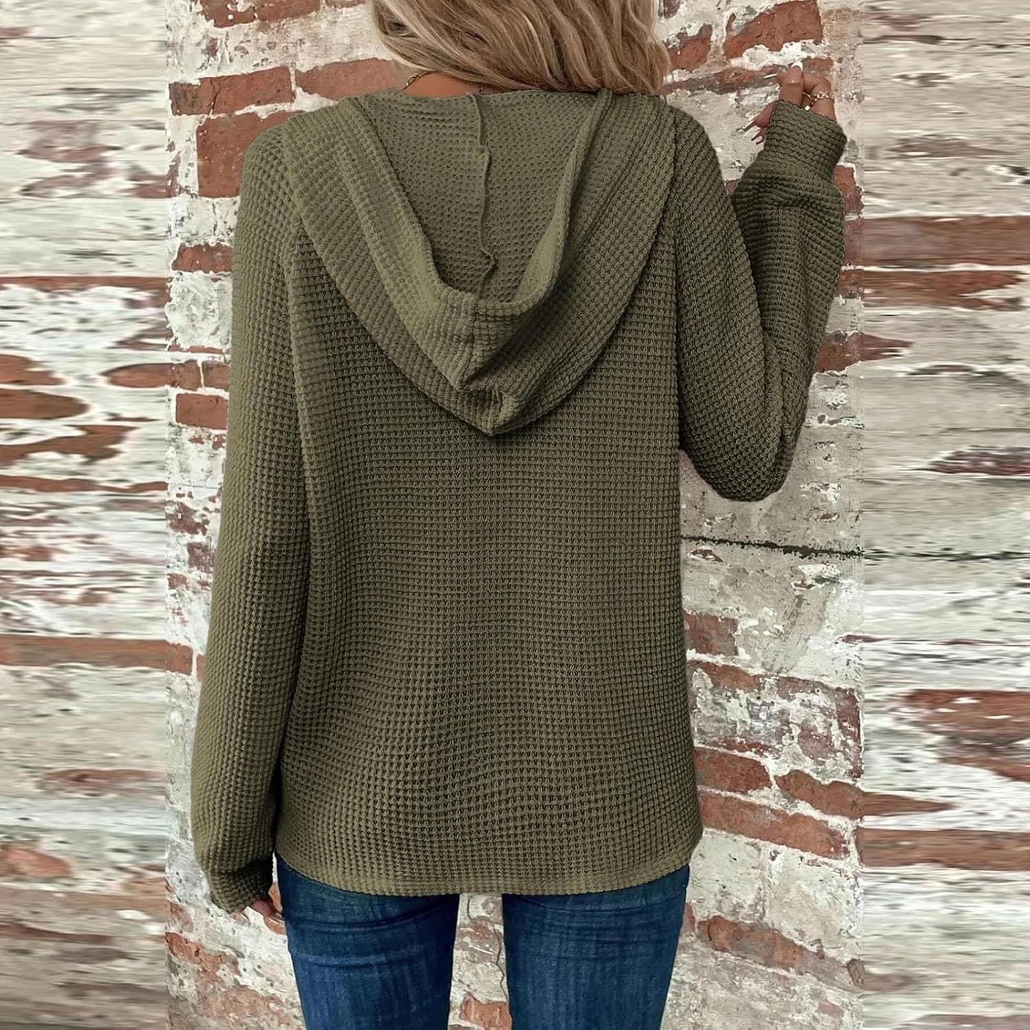 Hoodies for Women Oversized Waffle Knit Button Down Shirt Long Sleeve V Neck Lightweight Tunic Pullover Sweaters Tops