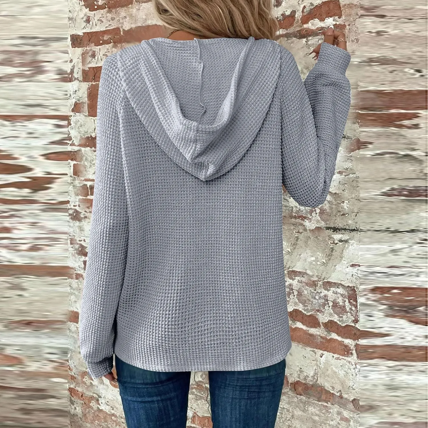 Hoodies for Women Oversized Waffle Knit Button Down Shirt Long Sleeve V Neck Lightweight Tunic Pullover Sweaters Tops