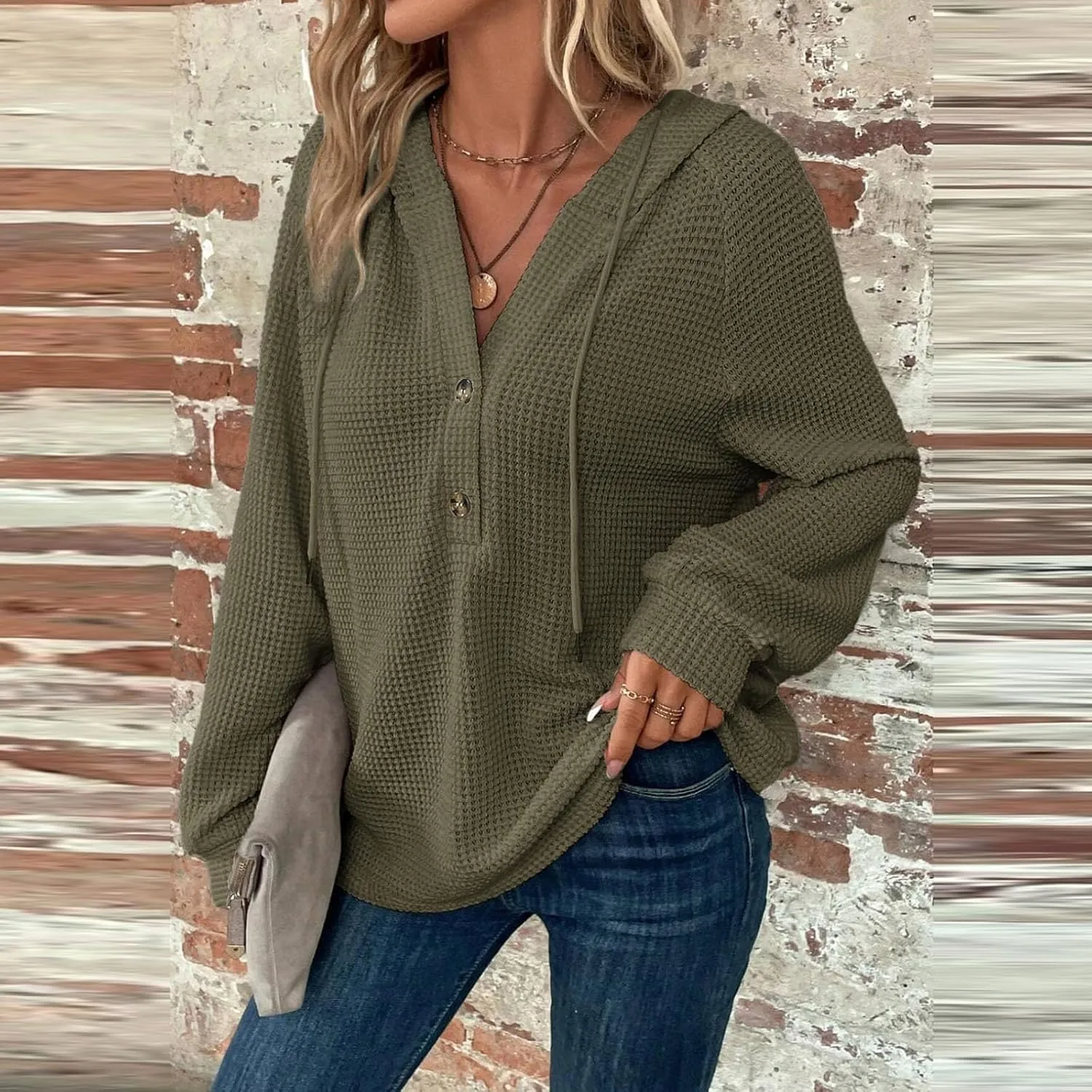 Hoodies for Women Oversized Waffle Knit Button Down Shirt Long Sleeve V Neck Lightweight Tunic Pullover Sweaters Tops