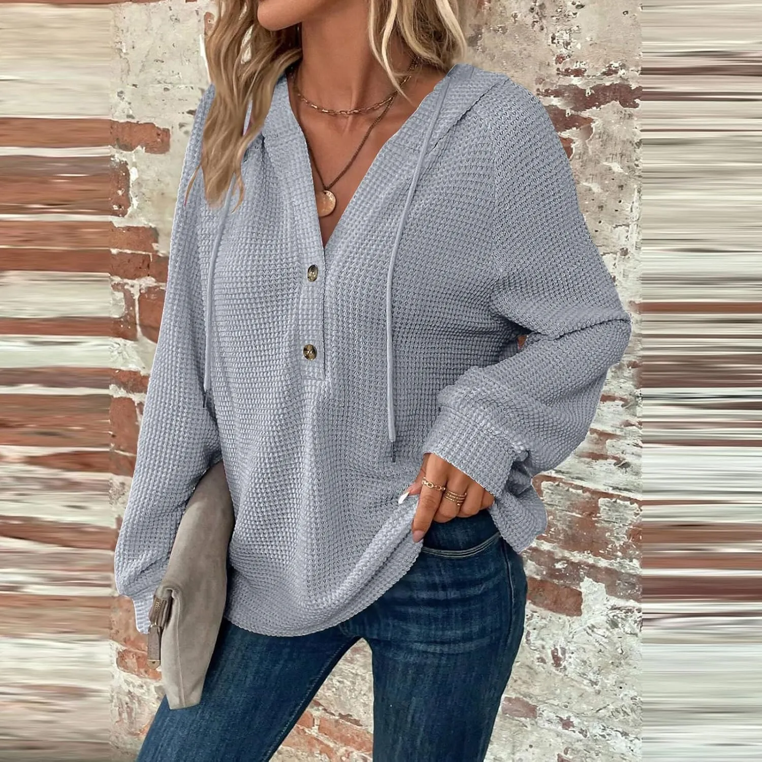 Hoodies for Women Oversized Waffle Knit Button Down Shirt Long Sleeve V Neck Lightweight Tunic Pullover Sweaters Tops