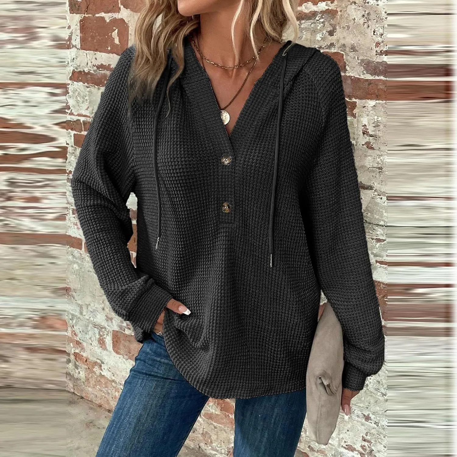Hoodies for Women Oversized Waffle Knit Button Down Shirt Long Sleeve V Neck Lightweight Tunic Pullover Sweaters Tops